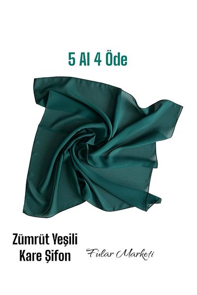 Fular Marketi اشتري 5 واحصل على 4 وشاح شيفون مربع، يوم المرأة، عيد الأم، يوم الجمهورية 48x48 سم أخضر زمردي