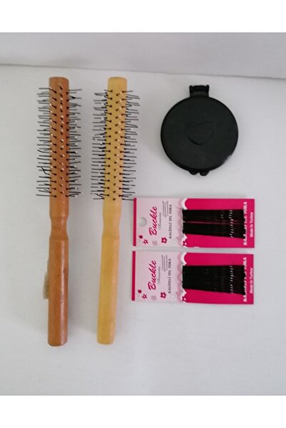 efmues Ahşap Saplı Saç Fırçası cep Aynası ve 2li Tel Toka Fön Fırçası