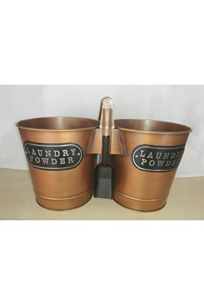 isometric Laundry Powder Iki Bölmeli Lüx Metal Kapaklı - Ölçekli Deterjan Kutusu Ahşap Saplı Deterjanlık