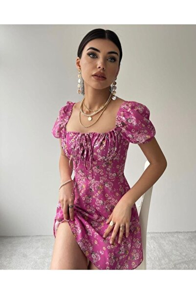 Afiş Butik Pembe Çiçek Desenli Göğüs Detaylı Elbise