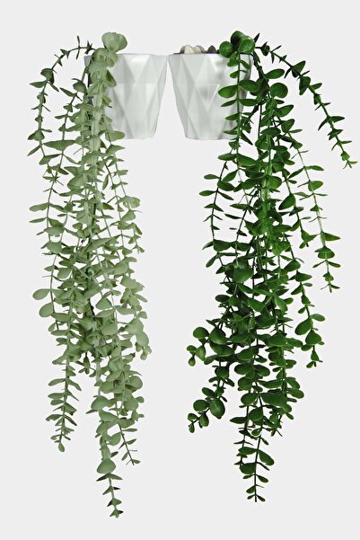 gidipo Set de lumini suspendate cu o singură ramură de eucalipt pastel și verde într-un ghiveci cu diamante cu flori artificiale