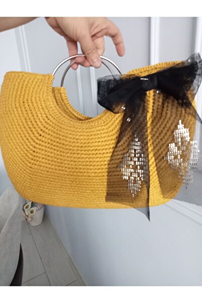hobi duragı Raffia Rope Knitted Straw Day-To-Day and Beach Bag