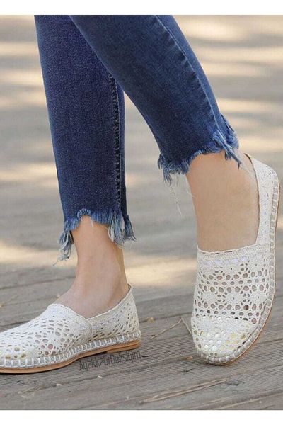 çetin ayakkabı 5910 Model Pantofi Espadrille Damă Dantela Albă