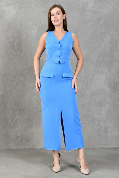 vuvutasarım Blue Midi Evening Dress - Vest and Skirt with Slit Detail 1866