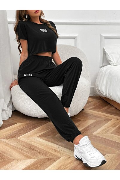 over head oh Μαύρο Όχι Όχι Σήμερα Τυπωμένο Oversize Crop Jogger Set - Γυναικείο