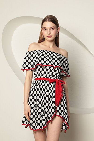 lovebox Μίνι γυναικείο φόρεμα με στάμπα βισκόζης με γιακά Madonna και λεπτομέρεια ζώνης - Νέα σεζόν