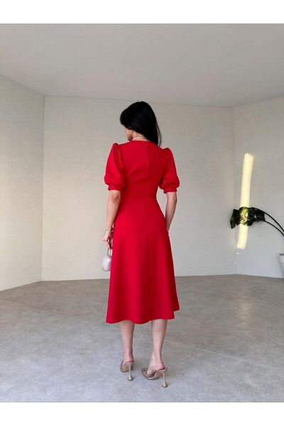 Afiş Butik Half Sleeve Midi Dress - Pearl Button Detail