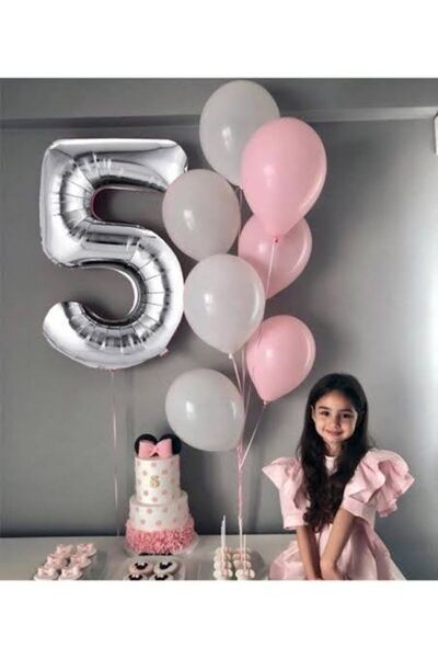 ikm balon مجموعة من 5 بالونات أرقام و7 بالونات رمادية وردية