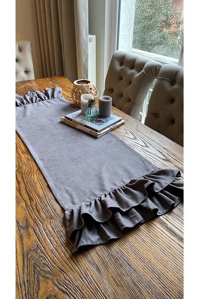 Decamor home Vintage Velvet Textured Hassle-Free Double Layer Ruffled Smoked Gray Runner