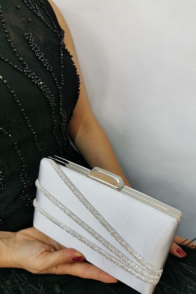 NAZART Rochie de seara de dama din satin Stone Silver Clutch Portofoliu Geanta de seara