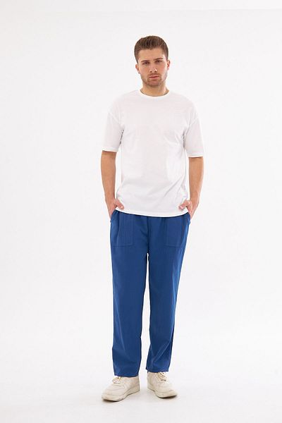 NASIFOĞLU GİYİM Light Navy Blue Men's Linen Trousers - Elastic Waist, Cool-Keeping, 100% Cotton, Comfortable Fit