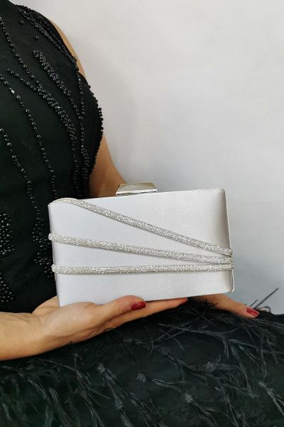 NAZART Rochie de seara de dama din satin Stone Silver Clutch Portofoliu Geanta de seara