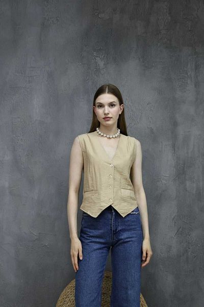 GALAVİP Linen Cream V-Neck Summer Vest - Lined