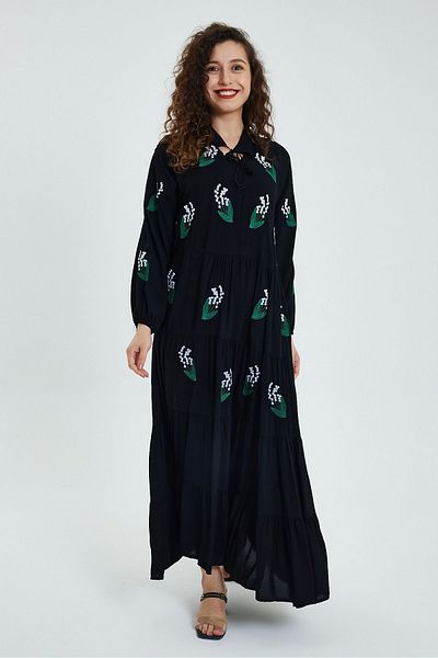 AYASOFYA OTANTIK Rochie etnică autentică, cu mânecă lungă, broderie cu flori negre, pentru femei
