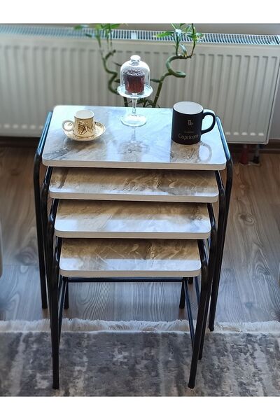 HOMEBELLA 4'lü Zigon Sehpa Metal Statik Siyah Ayaklı Gri Mermer Üreticiden E1 Tse Garantili