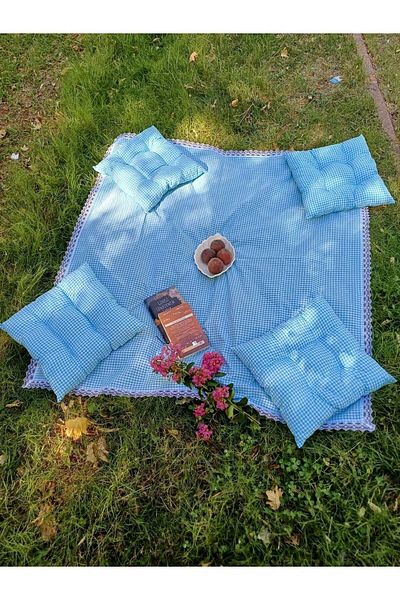 Marin Tasarım Evi Blue Picnic Cloth Set - 4 Pieces 40x40 Cushion 170x160 Table Cloth