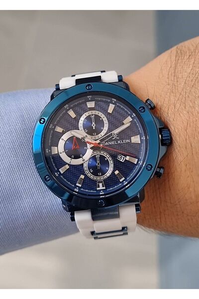 Daniel Klein Beyaz Silikon Kayışlı Mavi Kasa Takvimli Erkek Kol Saati