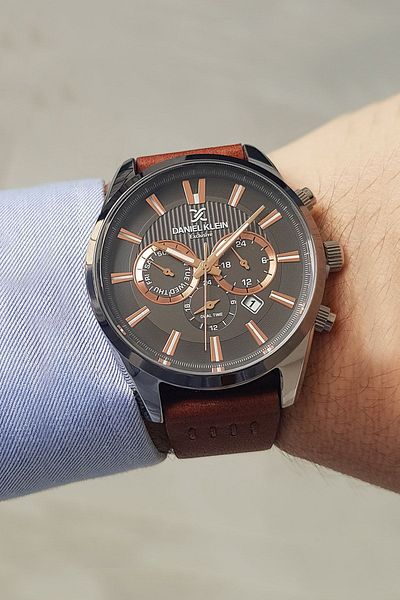 Daniel Klein New Model Functions Active Brown Leather Strap Men's Wrist Watch