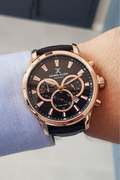 Daniel Klein Black Leather Strap Functions Active Rose Gold Men's Wristwatch