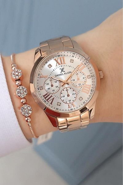 Daniel Klein Rose Gold Zircon Stone Women's Wristwatch and Bracelet Set