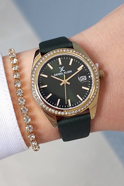 Daniel Klein Takvimli, Yeşil Deri Kayışlı Şık Kadın Kol Saati, Taşlı Bileklik Hediyeli