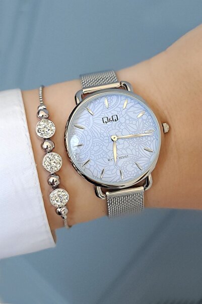 Q&Q Çelik Bilezik Desenli Mavi Kadranlı Metalik Kadın Kol Saati + Zirkon Taşlı Bileklik