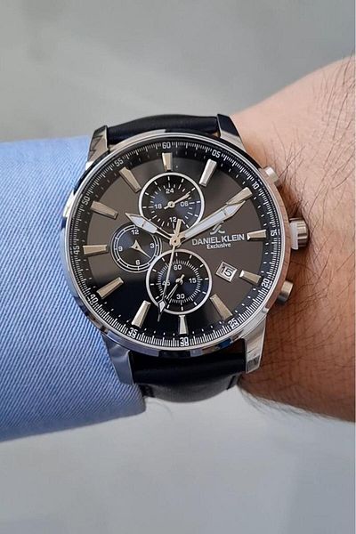Daniel Klein Exclusive Black Leather Strap All Functions Active Calendar Men's Wristwatch