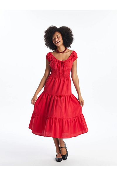 LC Waikiki LCW Women's Dress - Boat Neck, Short Sleeve, Solid Cut