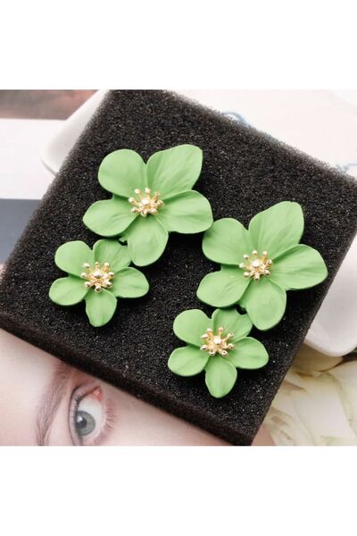 TekinAksesuar15 Çift Katmanlı Büyük 5 Yapraklı Yeşil Çiçek Küpeler