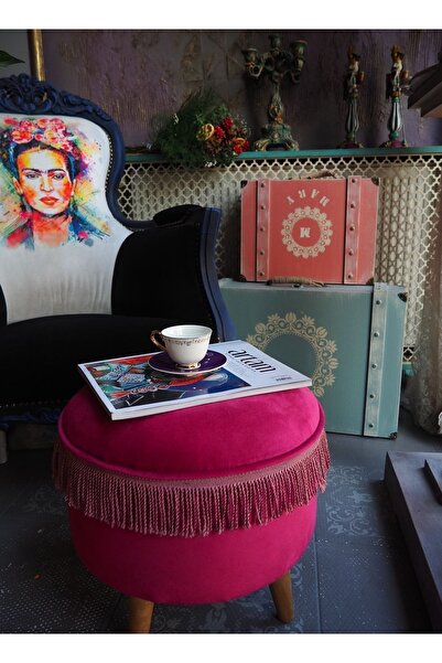 Moza Sanat Fuşya Rengi Kadife Kumaştan Ahşap Ayaklı Vintage Puf