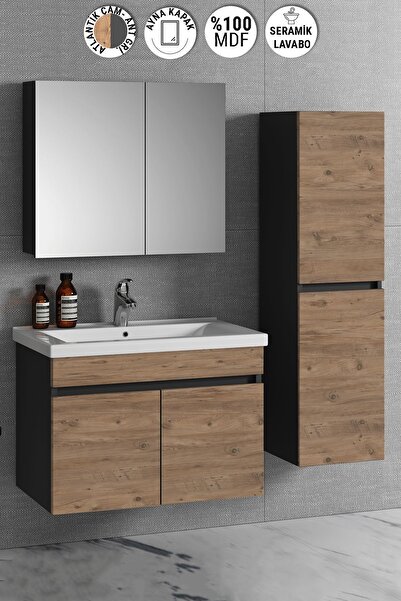 ÖZCEDEN 80 35 Cm Antrasit Gri Mat-atlantik Çam Mdf Seramik Lavabolu Asma Banyo Dolabı Takımı