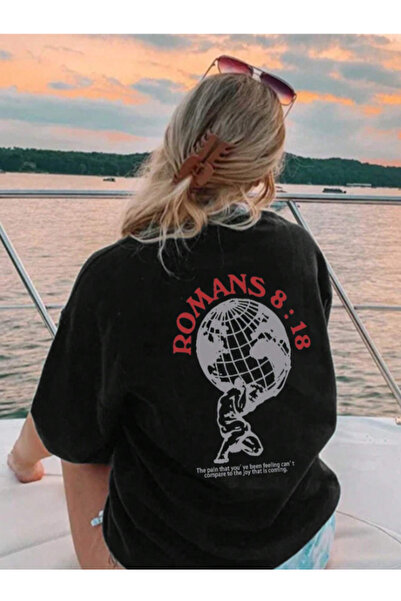 AEMİ Rimljanima 8:18 - Nazad Štampano Crna Oversize kroj T-shirt, 100% pamuk,...