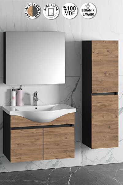 ÖZCEDEN 80 35 Cm Antrasit Gri Mat-atlantik Çam Mdf Seramik Lavabolu Asma Banyo Dolabı Takımı
