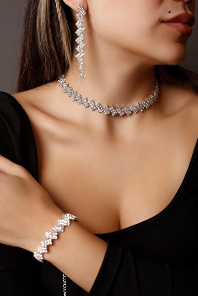 HUBANN Stylish Çapraz Dizim Zirkon Taşlı Takı Seti Pırlanta Gümüş Kaplama Su ...