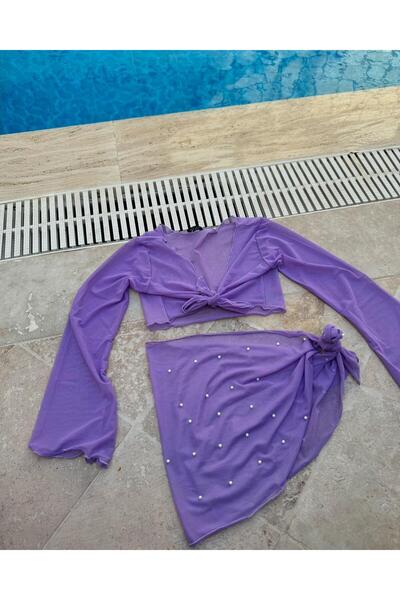 elifbilginbutik طقم صوفية نسائي باللون الأرجواني - كم خفاش وتفاصيل لؤلؤ