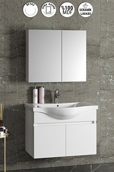 ÖZCEDEN Yıldız 80 cm Beyaz MDF Seramik Lavabolu Asma Banyo Dolabı Takımı