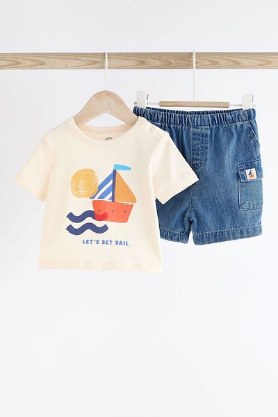 Next Baby Cream Boat Printed 100% Cotton Short Sleeve T-Shirt and Denim Shorts Set