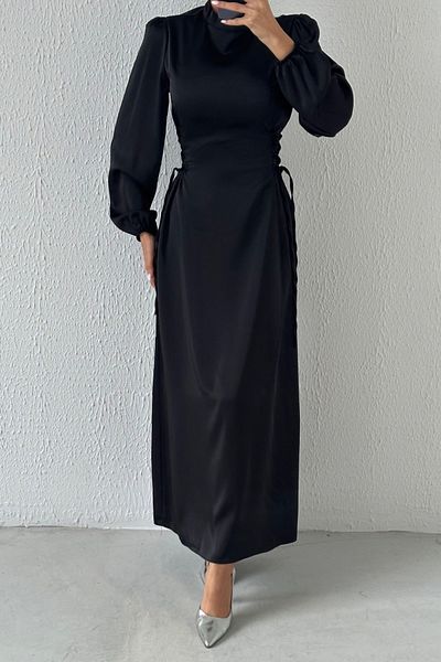 LEYUZE BUTİK Satin Hijab Evening Dress with Tie Waist Detail Black