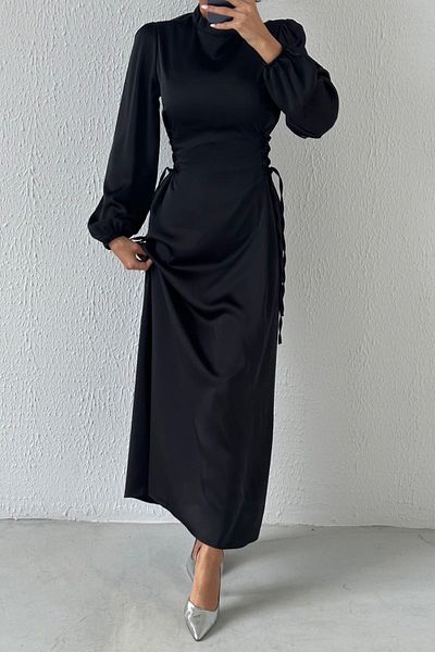 LEYUZE BUTİK Satin Hijab Evening Dress with Tie Waist Detail Black