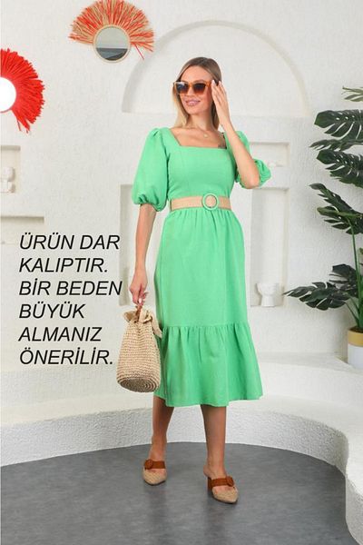 asur boutique Rochie pentru femei Asur Boutique de in, cu curea, guler pătrat, slim fit Cumpărați o mărime mai mare