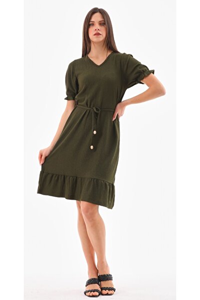 DEVRİMAY TEKSTİL Kadın Yazlık Elbise V Yaka Balon Kollu Haki