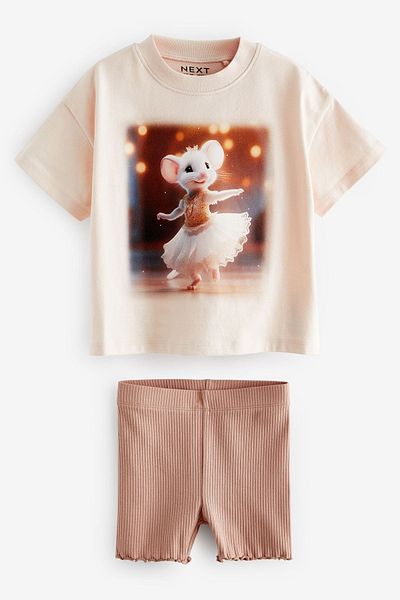 Next Baby Cream Colored 100% Cotton Mouse Patterned Short Sleeve Suit Set
