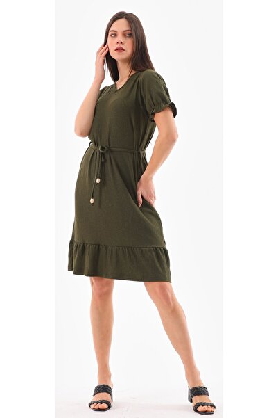 DEVRİMAY TEKSTİL Kadın Yazlık Elbise V Yaka Balon Kollu Haki
