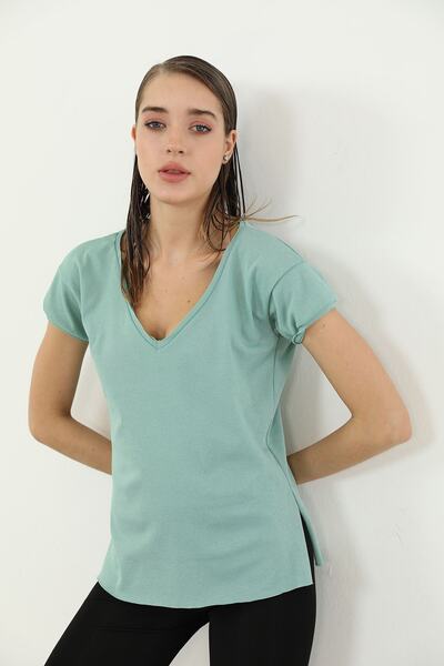 Genel Markalar Kısa Kol V Yaka T-shirt-mint
