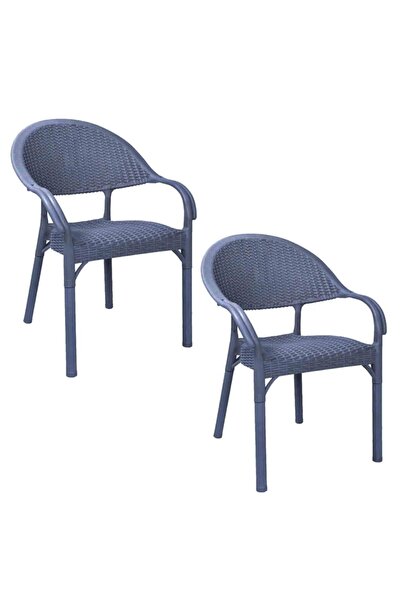 Genel Markalar Rattan Bambu Koltuk Antrasit- Plastik Bahçe Sandalyesi 2 Adet