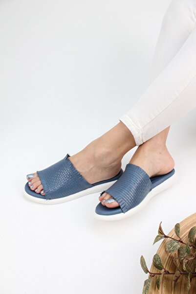 Ülkü Yaman Collection New Season Blue Genuine Leather Women's Daily Slippers