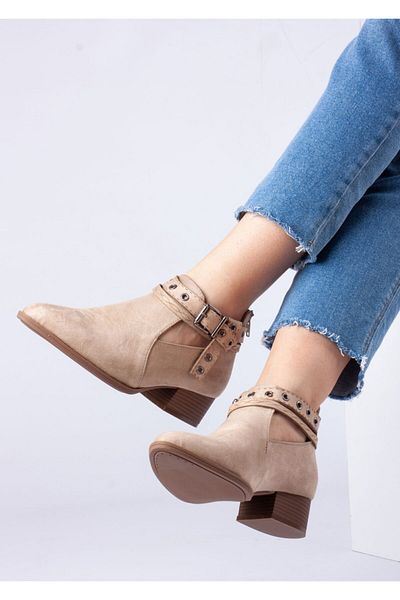 Bej Ayakkabı Women's Back Zippered Side Buckle Adjustable Suede Shoes Tan