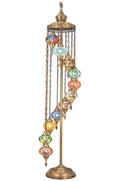 Demmex El Yapımı Otantik Boho Etnik Mozaik Renkli Cam Lambader Taban Lambası, 11 Camlı, 2.1 Metre