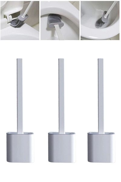 Buffer 3 Pieces Wall Mountable Toilet Brush Set with Lid and Hanging Toilet Bowl with Silicone Head