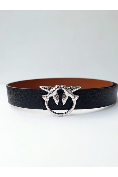 Kemerix Women's Black Belt - With Bird Figure and Silver Buckle